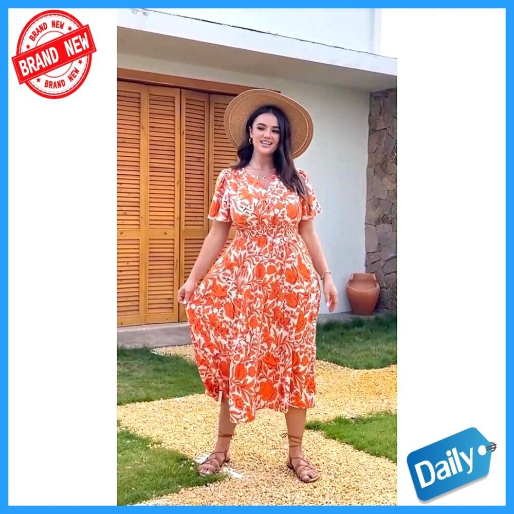 Plus Size Summer Maxi Dress V Neck Smocked Boho Floral Beach Wedding Guest - Picture 7 of 7